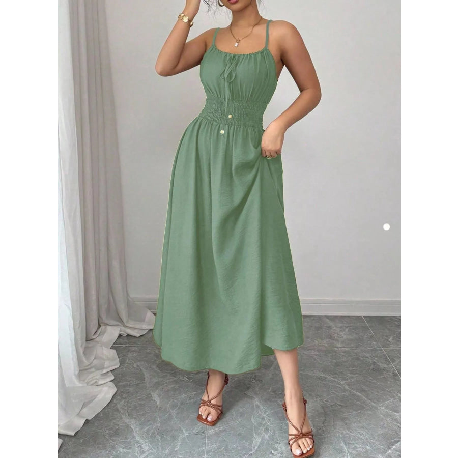 Smocked Spaghetti Strap Midi Dress Matcha Green / S Apparel and Accessories