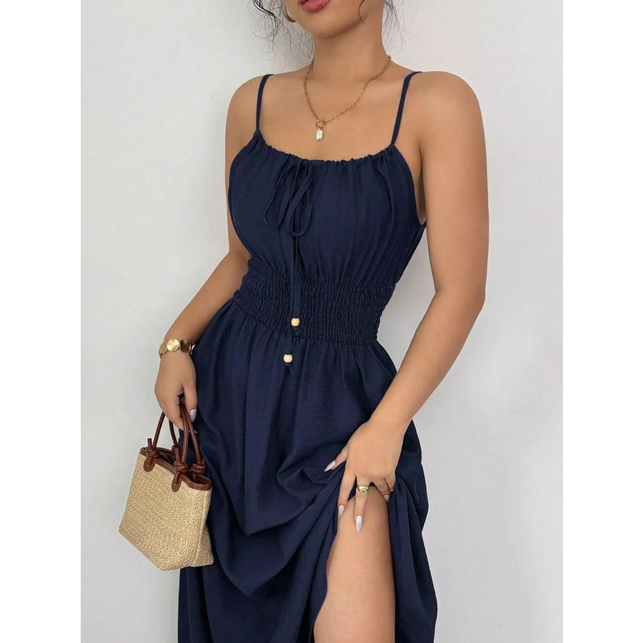 Smocked Spaghetti Strap Midi Dress Navy Blue / S Apparel and Accessories