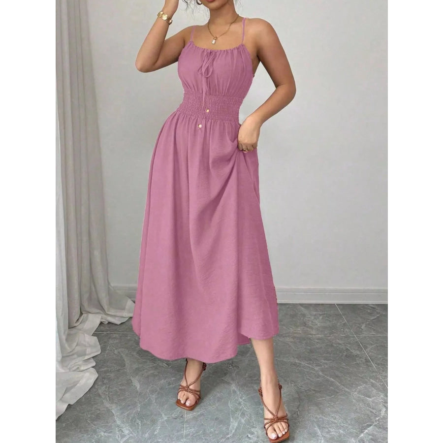 Smocked Spaghetti Strap Midi Dress Pink / S Apparel and Accessories