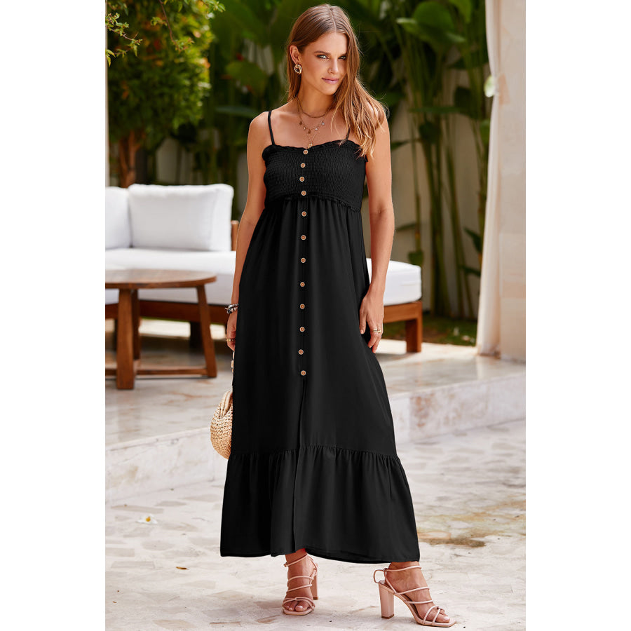 Smocked Spaghetti Strap Ruffle Hem Dress Black / S Apparel and Accessories