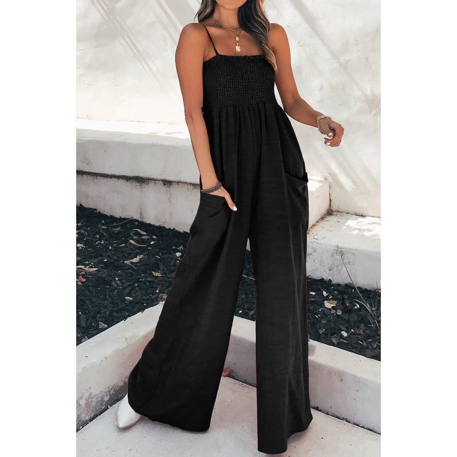 Smocked Spaghetti Strap Wide Leg Jumpsuit Black / S Apparel and Accessories