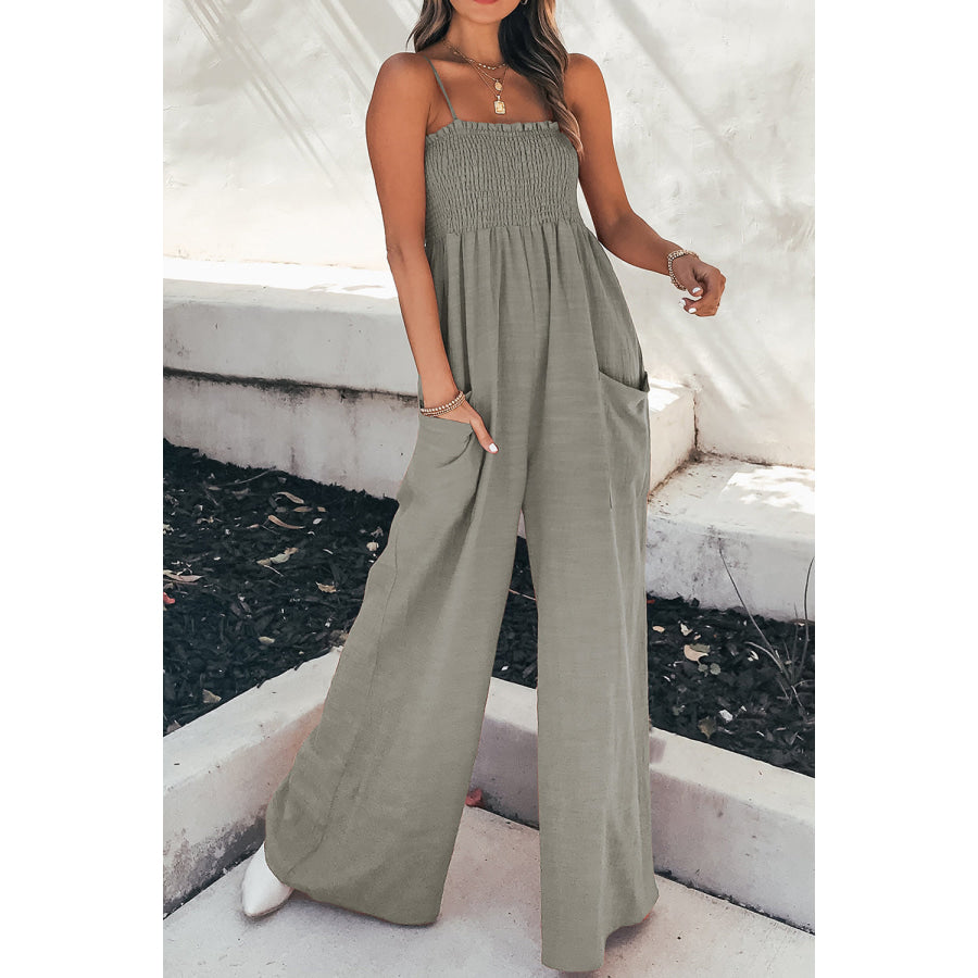 Smocked Spaghetti Strap Wide Leg Jumpsuit Heather Gray / S Apparel and Accessories