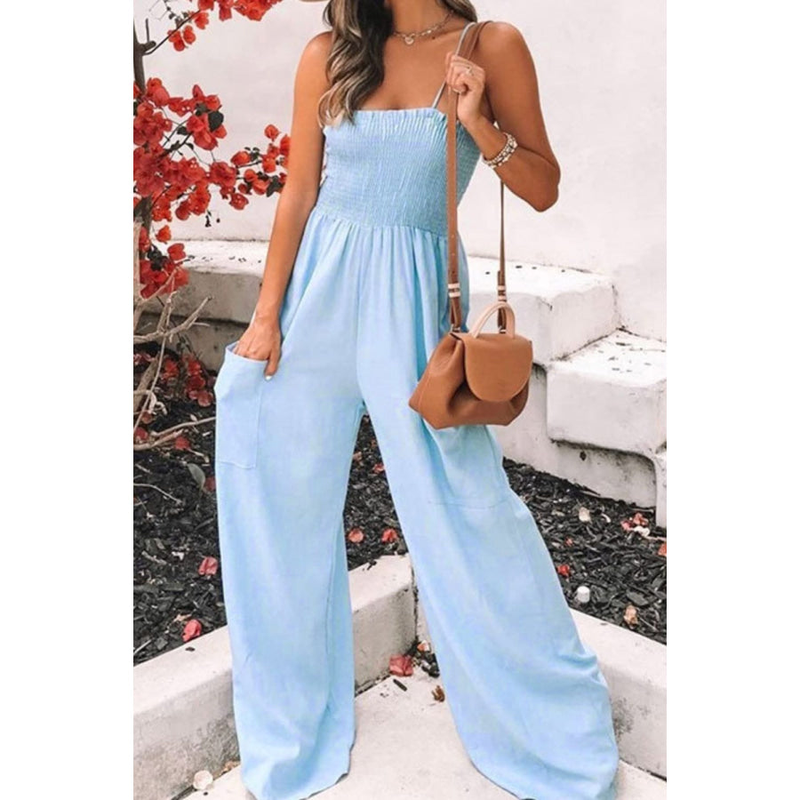 Smocked Spaghetti Strap Wide Leg Jumpsuit Misty Blue / S Apparel and Accessories