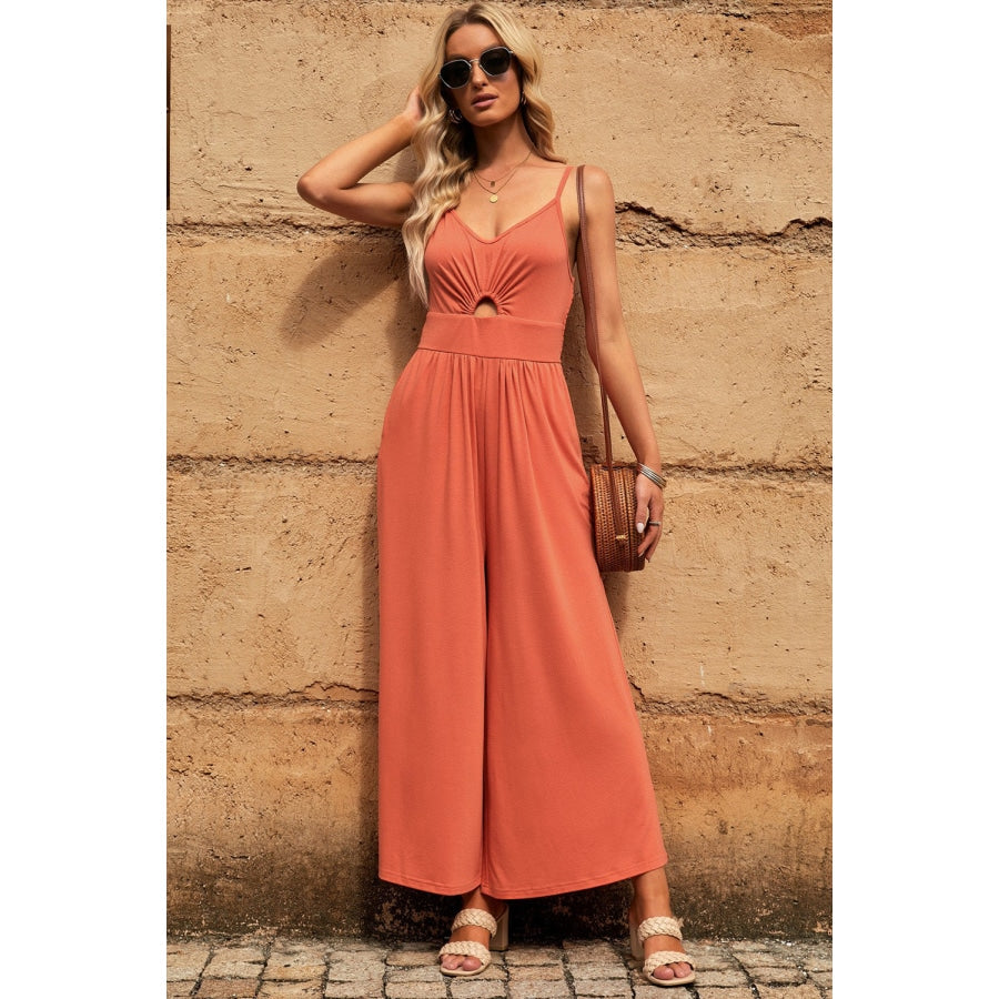 Smocked Spaghetti Strap Wide Leg Jumpsuit Orange / S