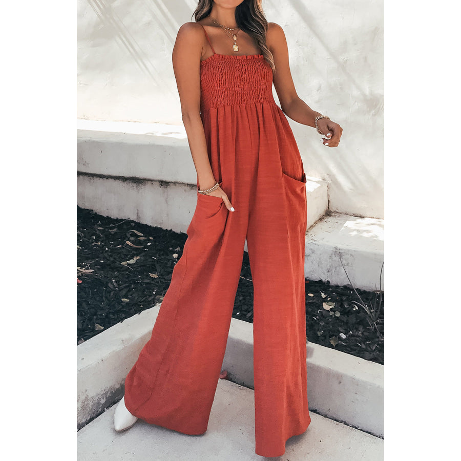 Smocked Spaghetti Strap Wide Leg Jumpsuit Red Orange / S Apparel and Accessories