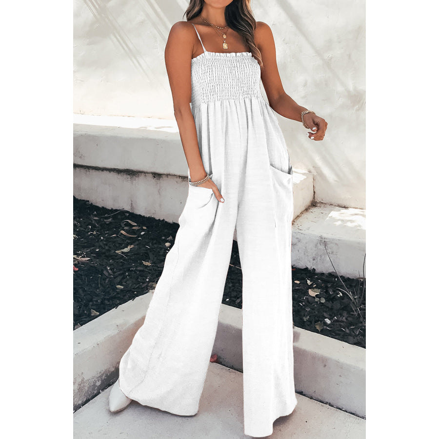 Smocked Spaghetti Strap Wide Leg Jumpsuit White / S Apparel and Accessories