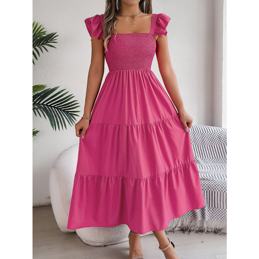 Smocked Square Neck Cap Sleeve Midi Dress Apparel and Accessories