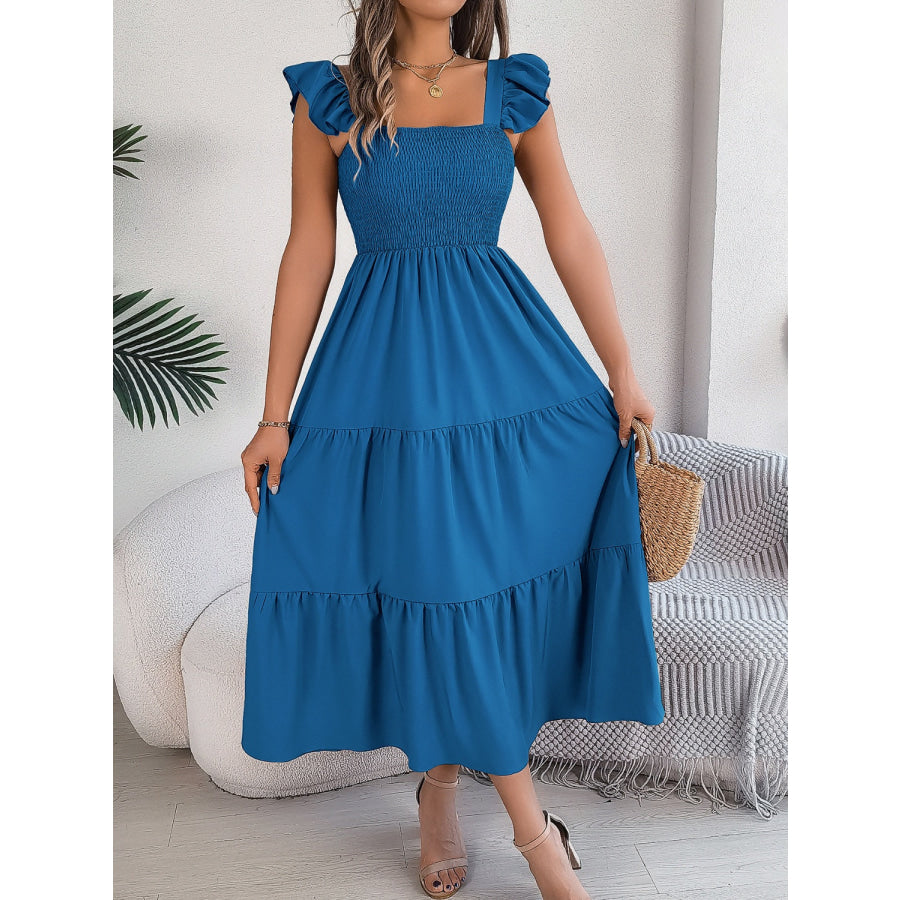 Smocked Square Neck Cap Sleeve Midi Dress Apparel and Accessories