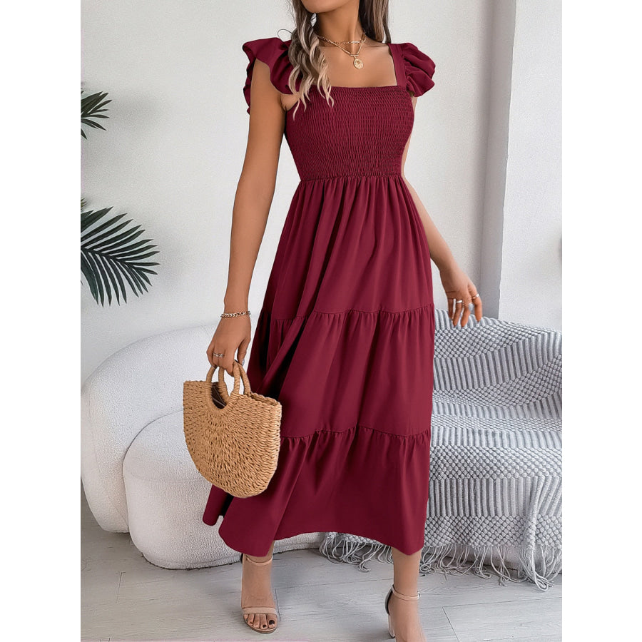 Smocked Square Neck Cap Sleeve Midi Dress Apparel and Accessories