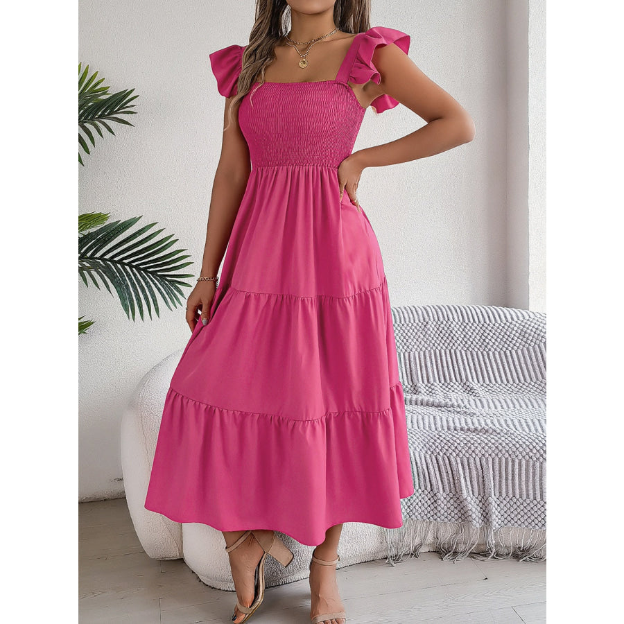 Smocked Square Neck Cap Sleeve Midi Dress Apparel and Accessories