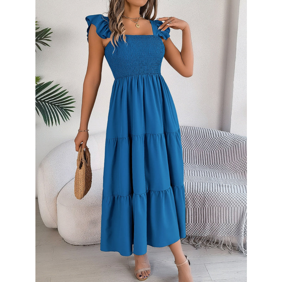 Smocked Square Neck Cap Sleeve Midi Dress Apparel and Accessories