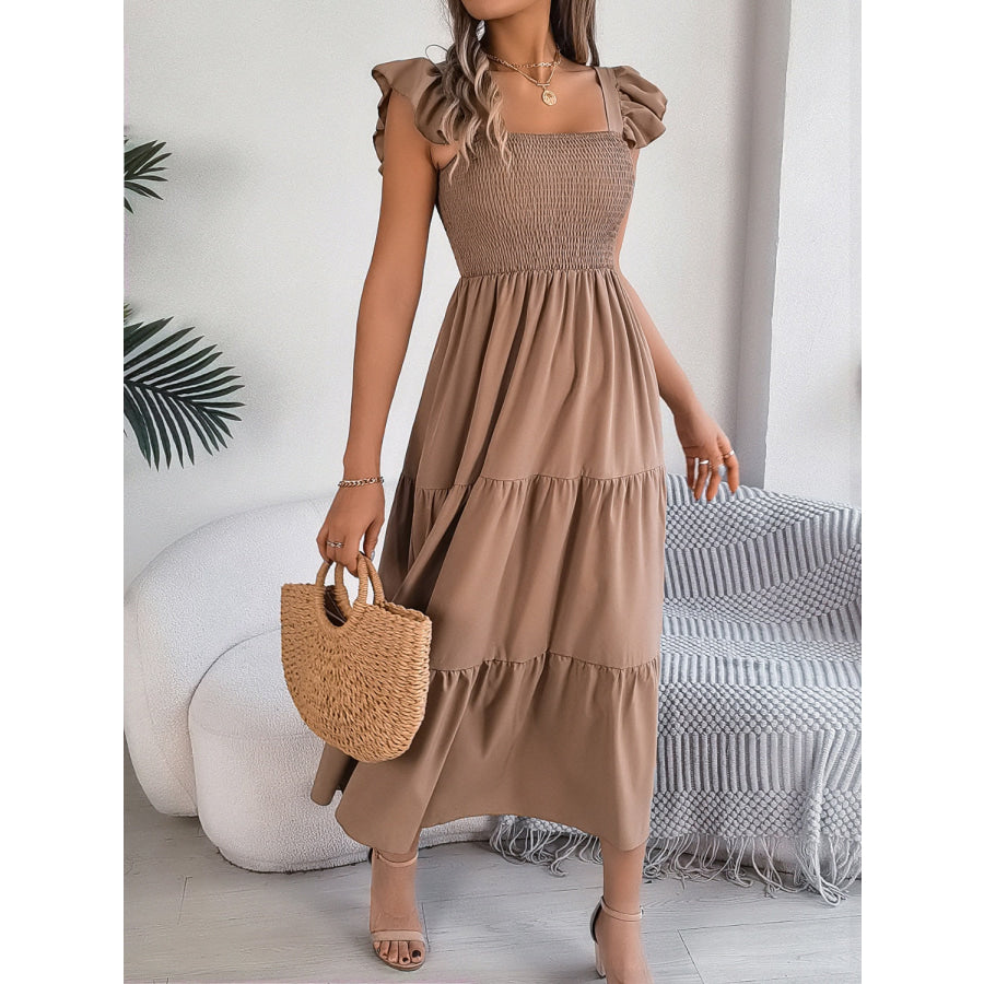 Smocked Square Neck Cap Sleeve Midi Dress Apparel and Accessories