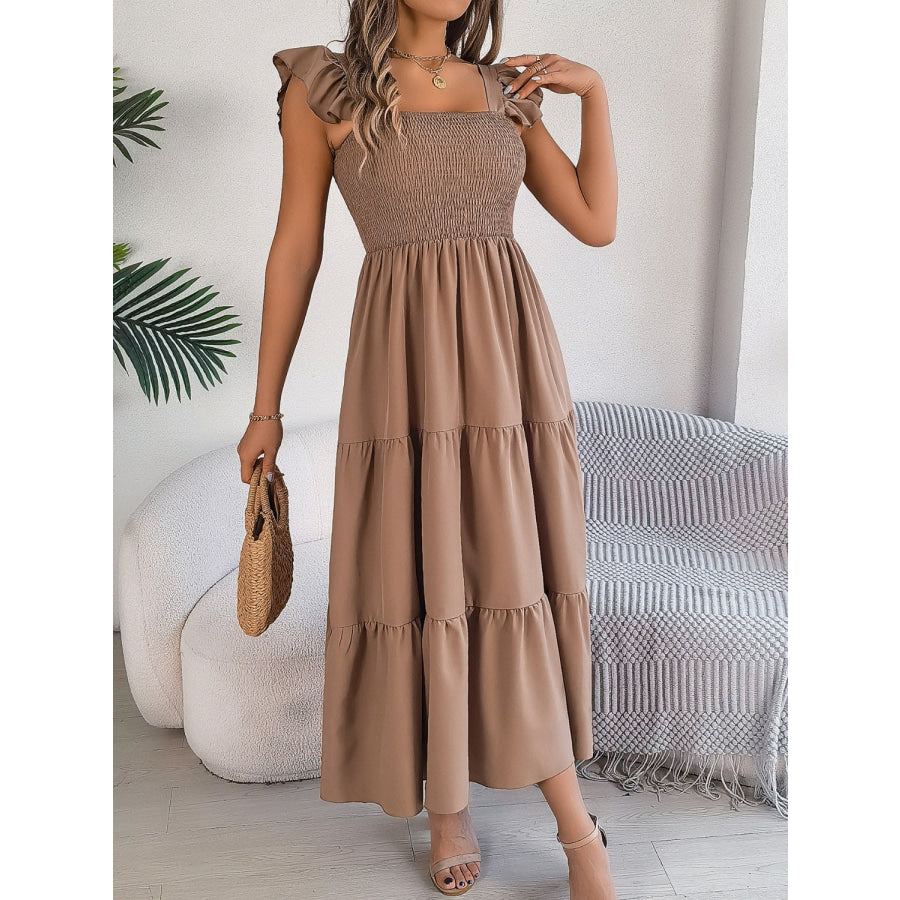 Smocked Square Neck Cap Sleeve Midi Dress Apparel and Accessories