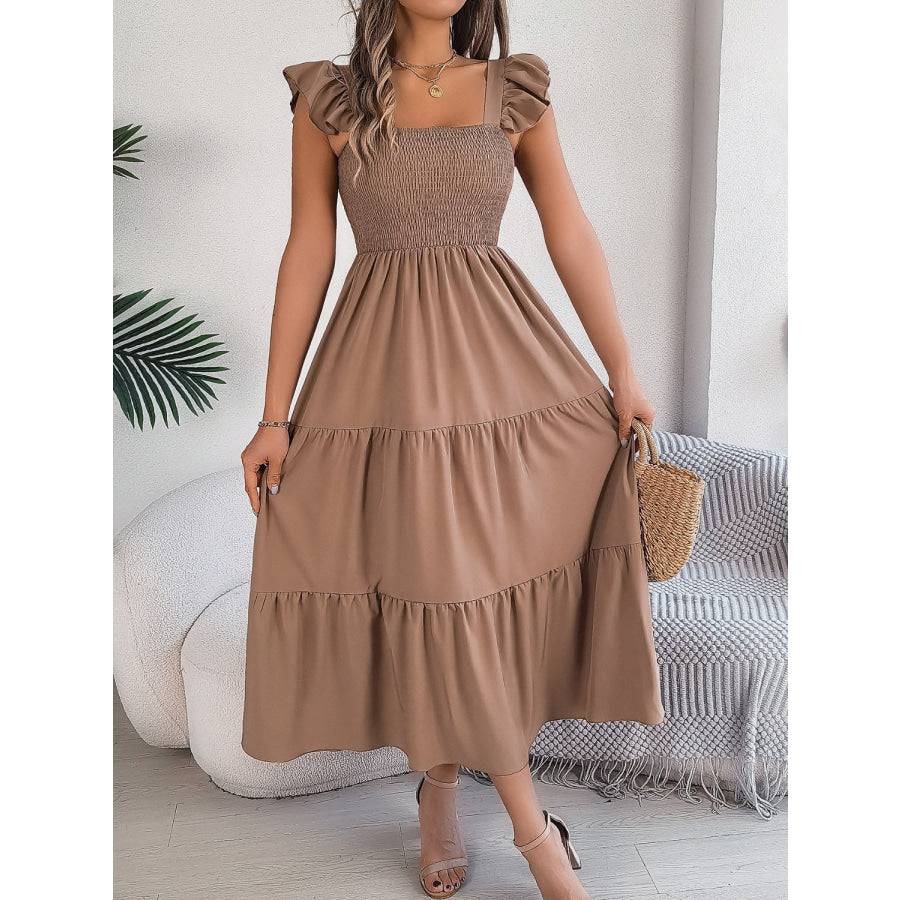 Smocked Square Neck Cap Sleeve Midi Dress Apparel and Accessories