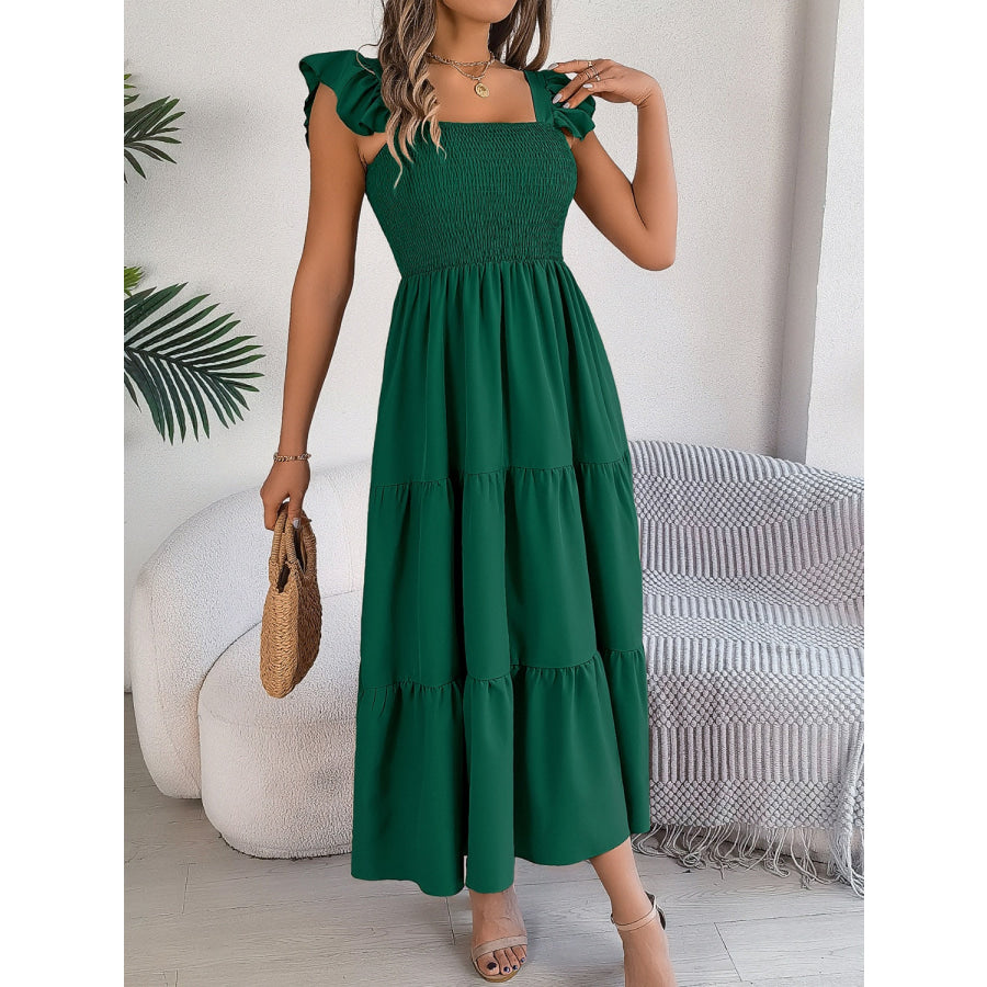 Smocked Square Neck Cap Sleeve Midi Dress Apparel and Accessories