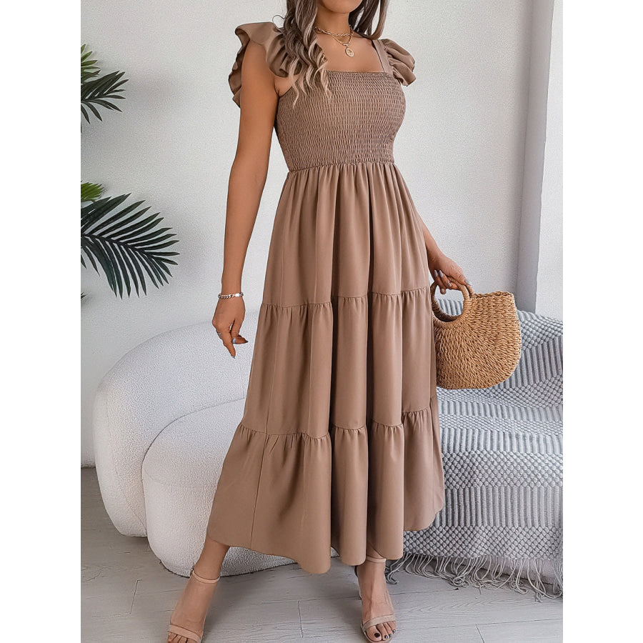 Smocked Square Neck Cap Sleeve Midi Dress Apparel and Accessories