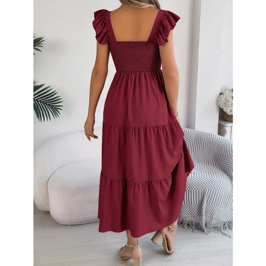 Smocked Square Neck Cap Sleeve Midi Dress Apparel and Accessories