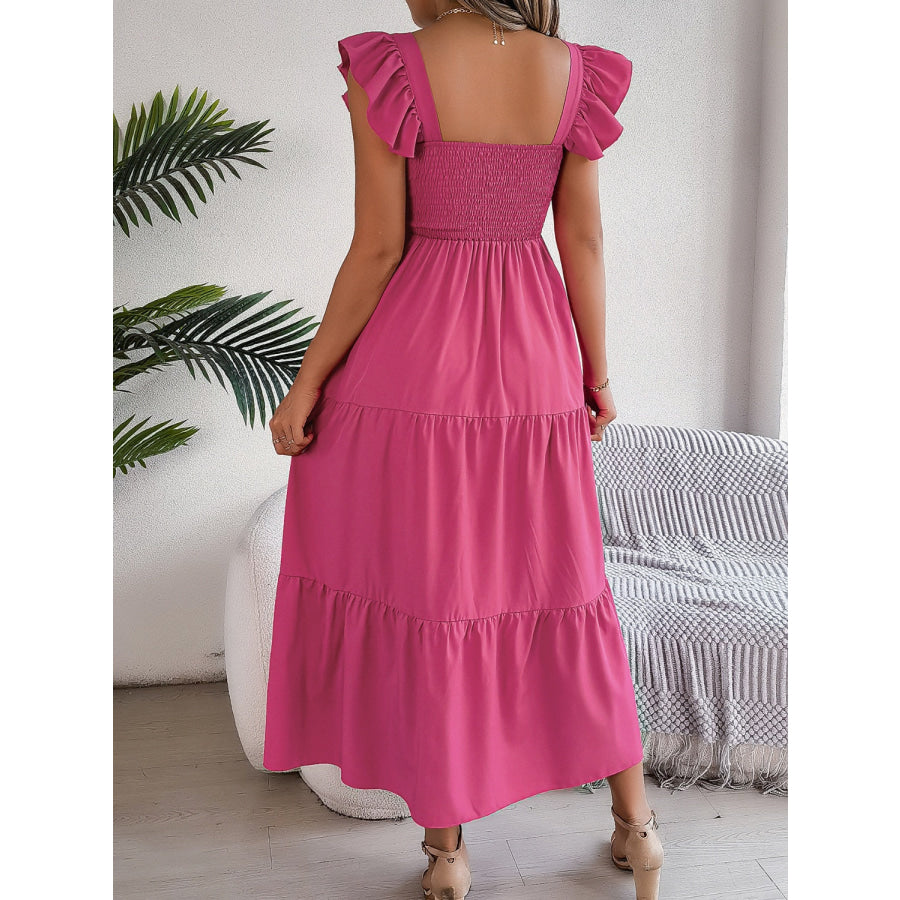 Smocked Square Neck Cap Sleeve Midi Dress Apparel and Accessories