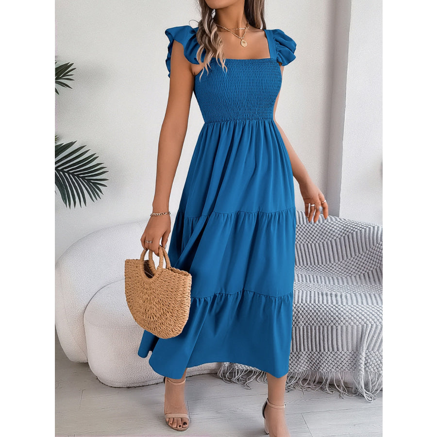 Smocked Square Neck Cap Sleeve Midi Dress Apparel and Accessories