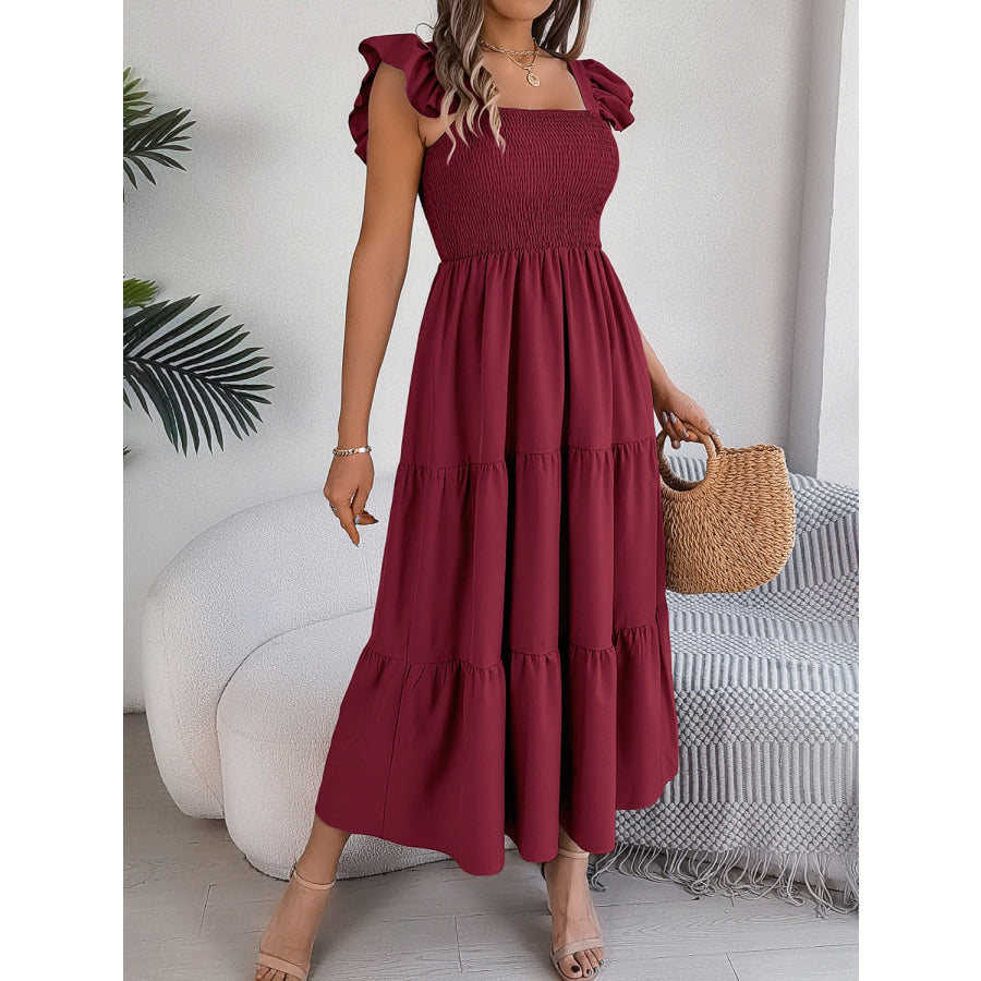 Smocked Square Neck Cap Sleeve Midi Dress Apparel and Accessories