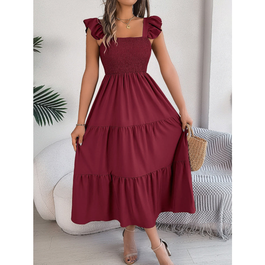 Smocked Square Neck Cap Sleeve Midi Dress Apparel and Accessories