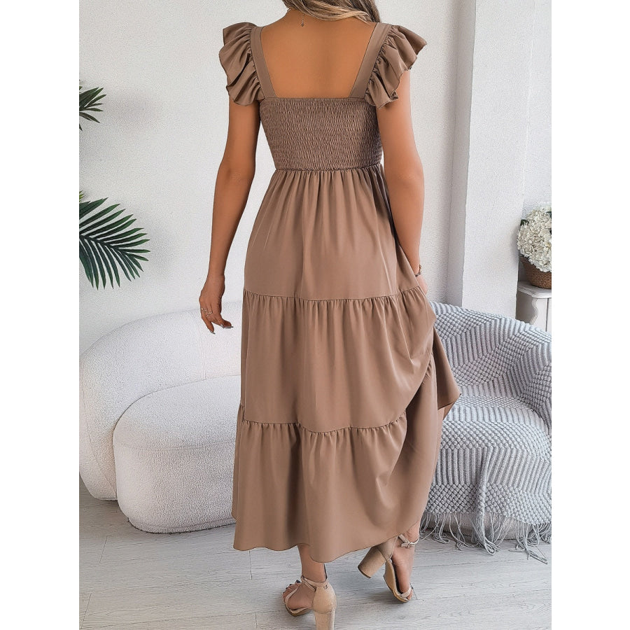 Smocked Square Neck Cap Sleeve Midi Dress Camel / S Apparel and Accessories