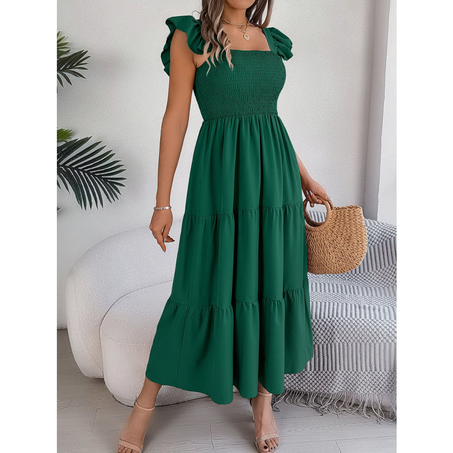 Smocked Square Neck Cap Sleeve Midi Dress Dark Green / S Apparel and Accessories