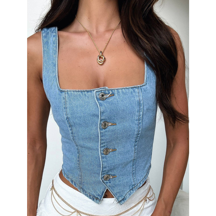 Smocked Square Neck Denim Top Apparel and Accessories