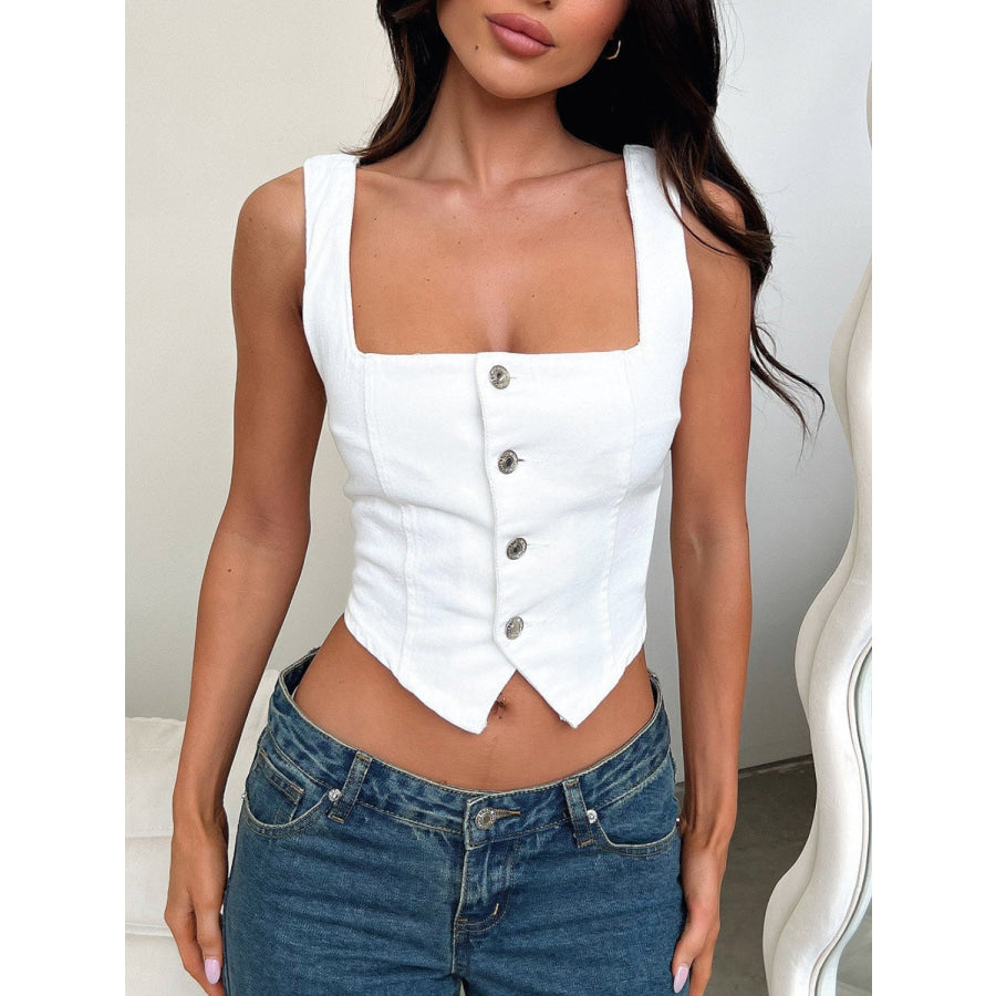 Smocked Square Neck Denim Top White / S Apparel and Accessories