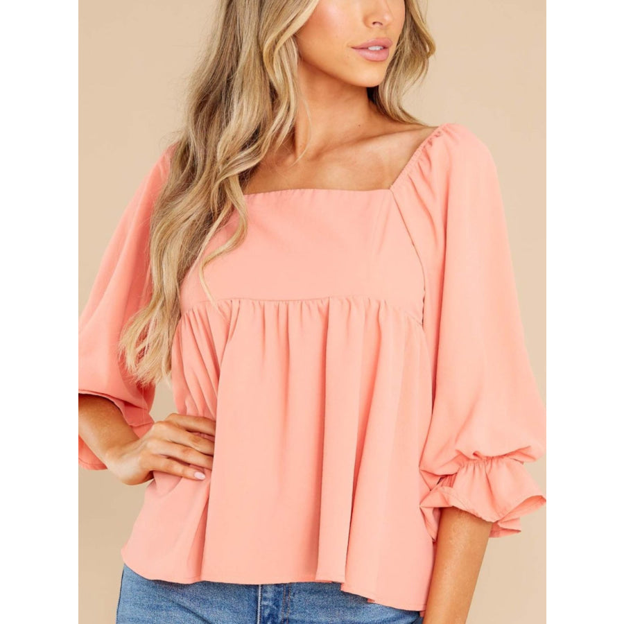 Smocked Square Neck Flounce Sleeve Blouse Apparel and Accessories