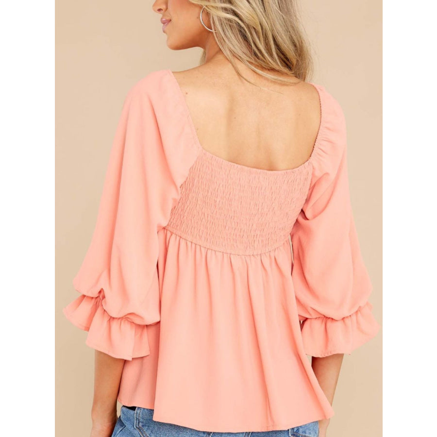 Smocked Square Neck Flounce Sleeve Blouse Apparel and Accessories