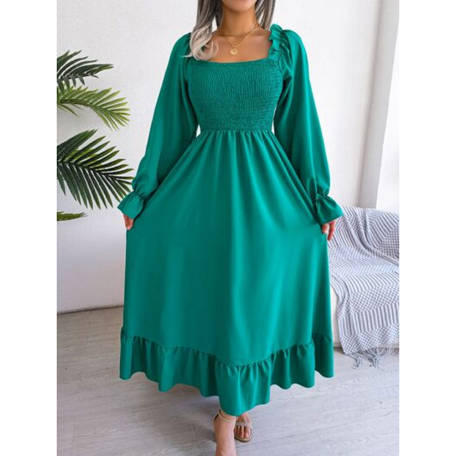 Smocked Square Neck Flounce Sleeve Dress Apparel and Accessories