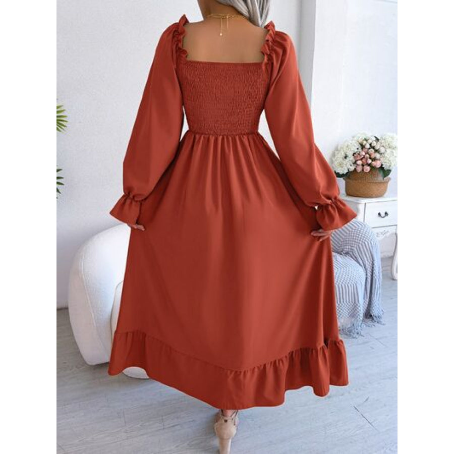 Smocked Square Neck Flounce Sleeve Dress Red Orange / S Apparel and Accessories