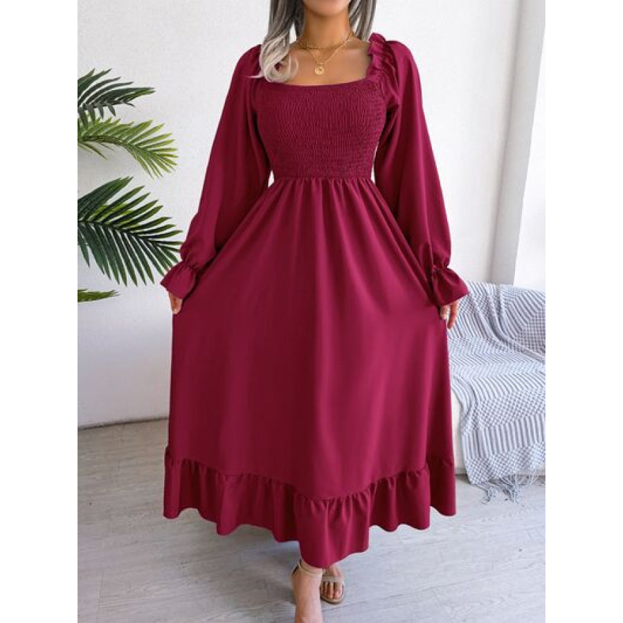 Smocked Square Neck Flounce Sleeve Dress Apparel and Accessories