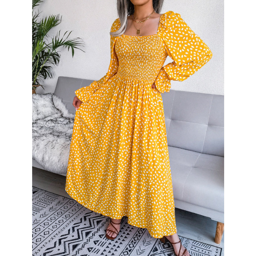 Smocked Square Neck Flounce Sleeve Dress Mustard / S Apparel and Accessories