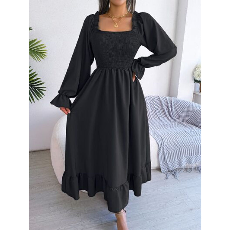 Smocked Square Neck Flounce Sleeve Dress Black / S Apparel and Accessories