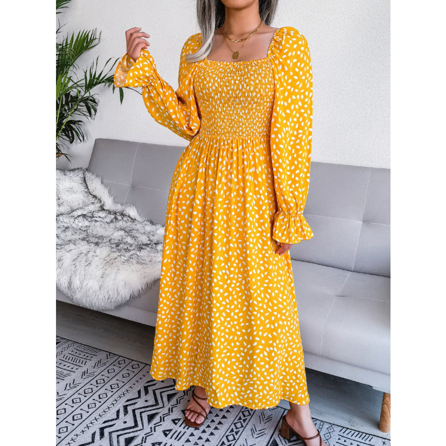 Smocked Square Neck Flounce Sleeve Dress Mustard / S Apparel and Accessories