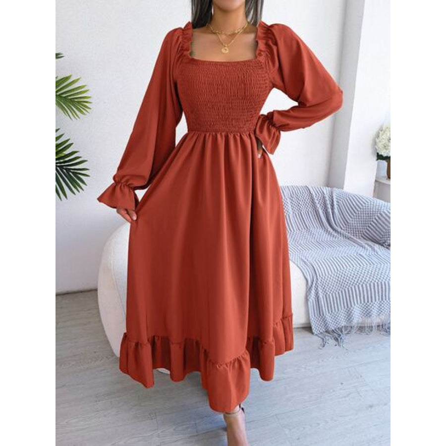 Smocked Square Neck Flounce Sleeve Dress Red Orange / S Apparel and Accessories