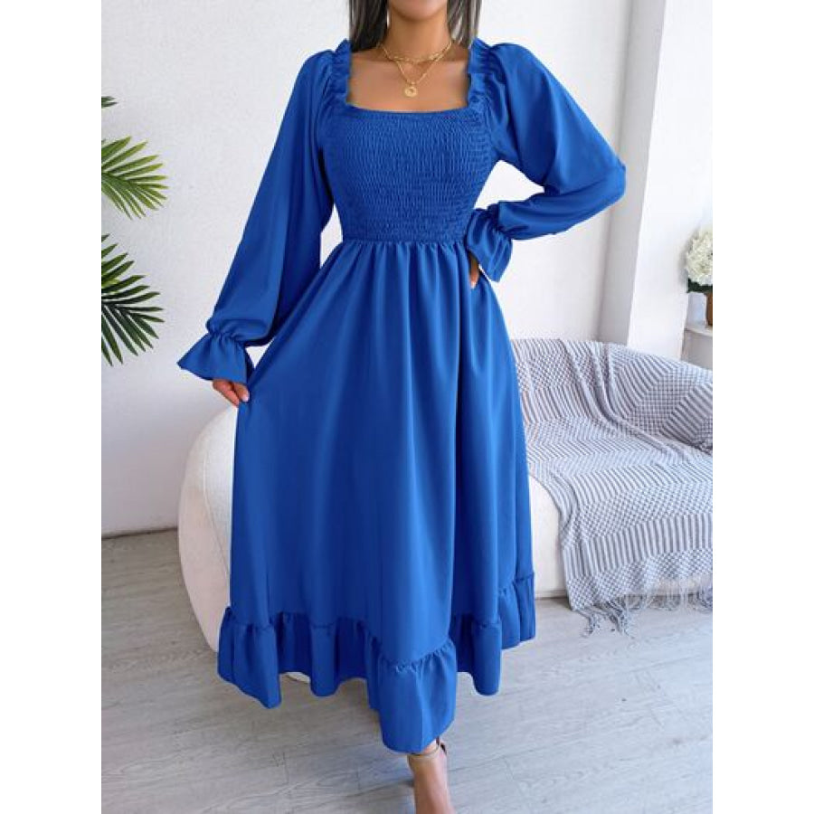 Smocked Square Neck Flounce Sleeve Dress Royal Blue / S Apparel and Accessories