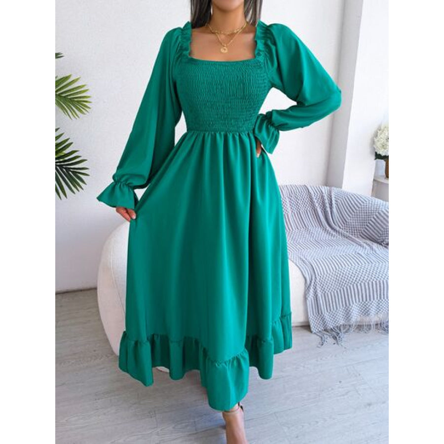 Smocked Square Neck Flounce Sleeve Dress Teal / S Apparel and Accessories