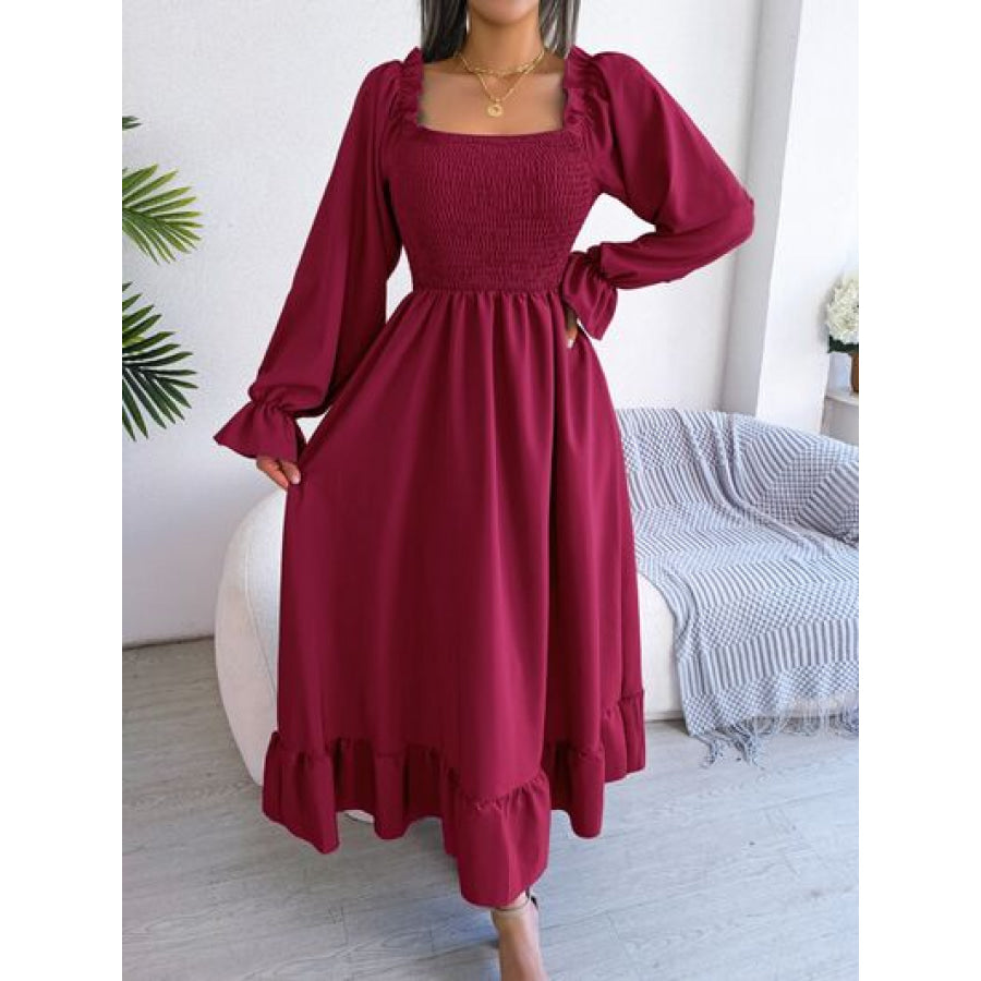 Smocked Square Neck Flounce Sleeve Dress Wine / S Apparel and Accessories