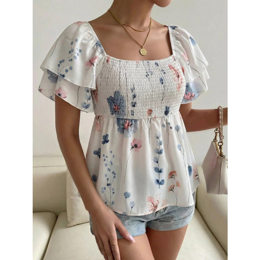 Smocked Square Neck Flutter Sleeve Blouse Apparel and Accessories