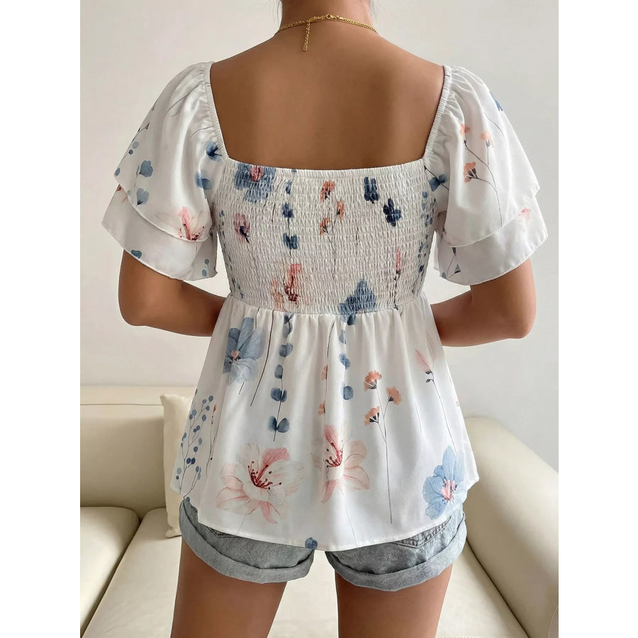 Smocked Square Neck Flutter Sleeve Blouse Apparel and Accessories