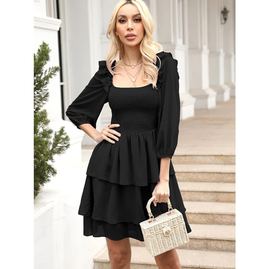 Smocked Square Neck Layered Dress Black / S