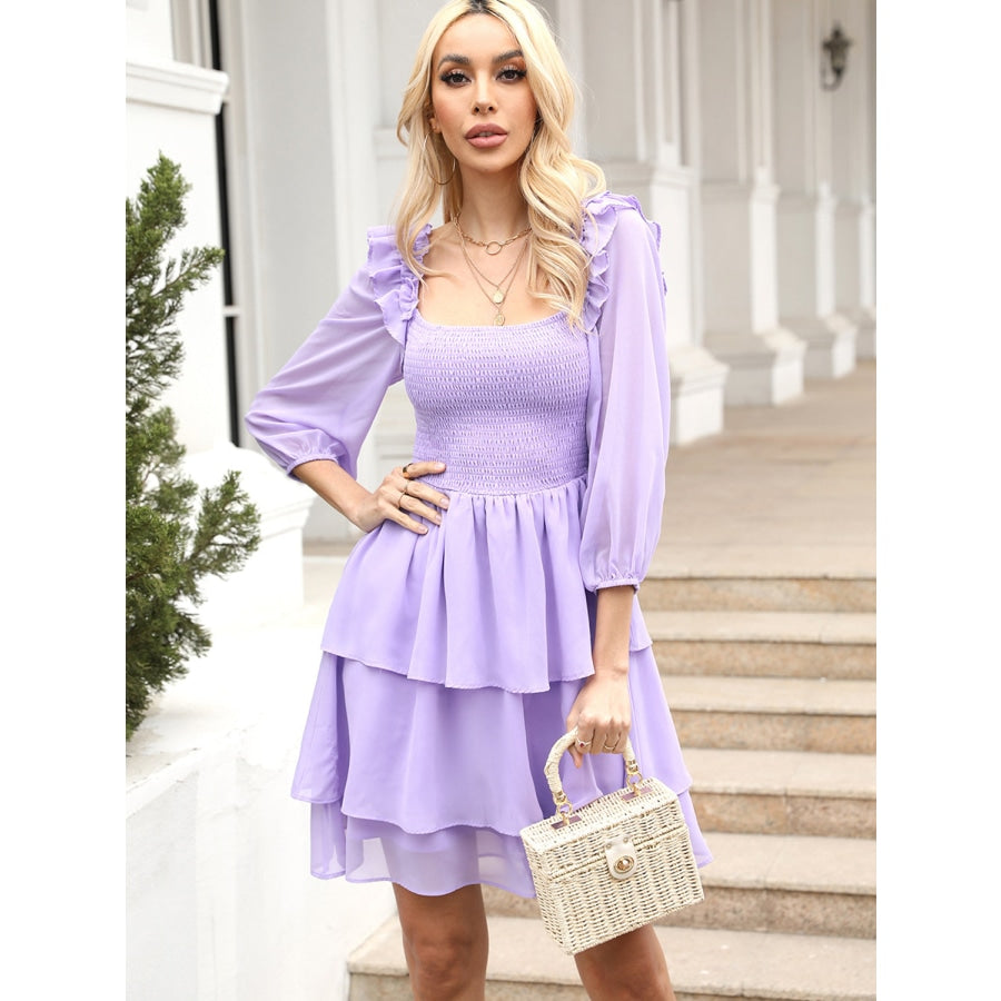 Smocked Square Neck Layered Dress Lavender / S