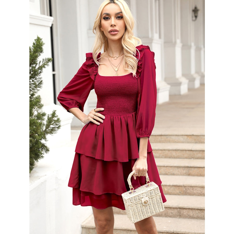 Smocked Square Neck Layered Dress