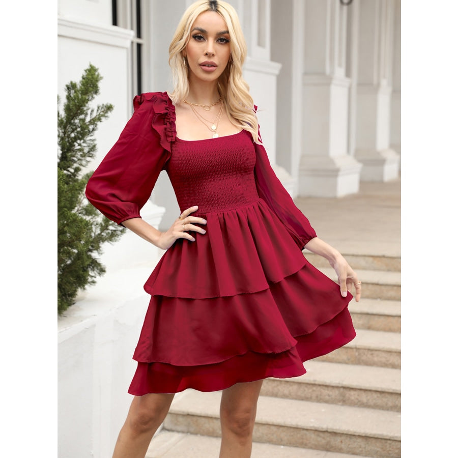 Smocked Square Neck Layered Dress