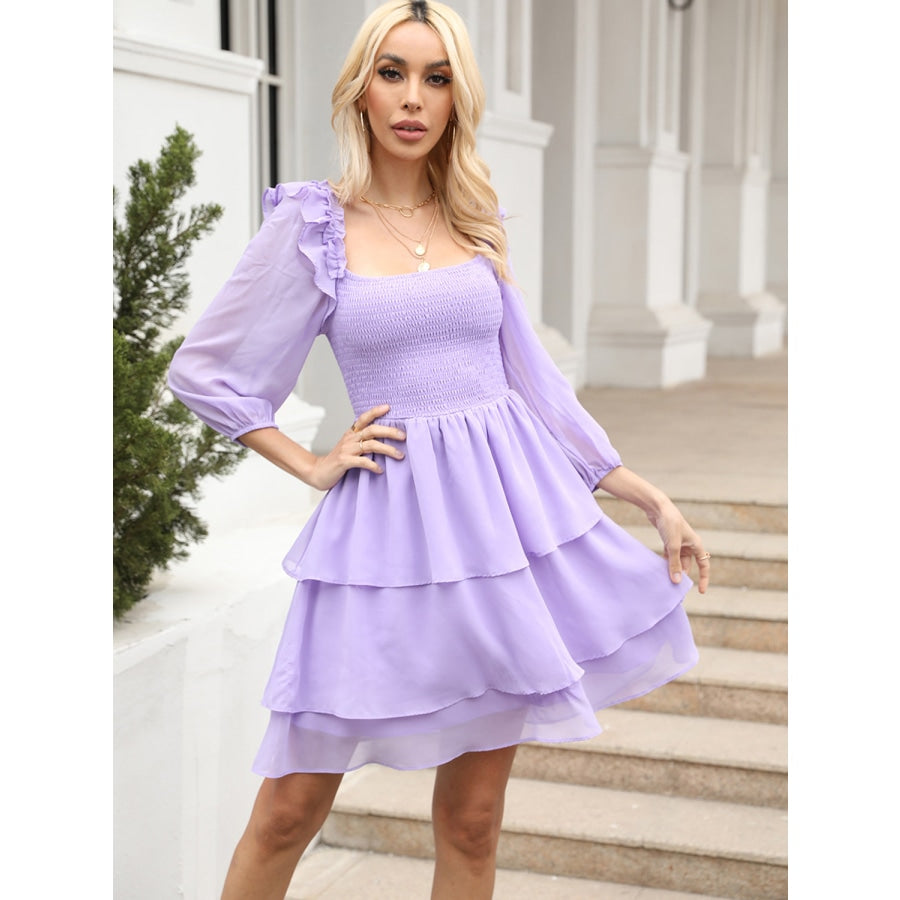 Smocked Square Neck Layered Dress