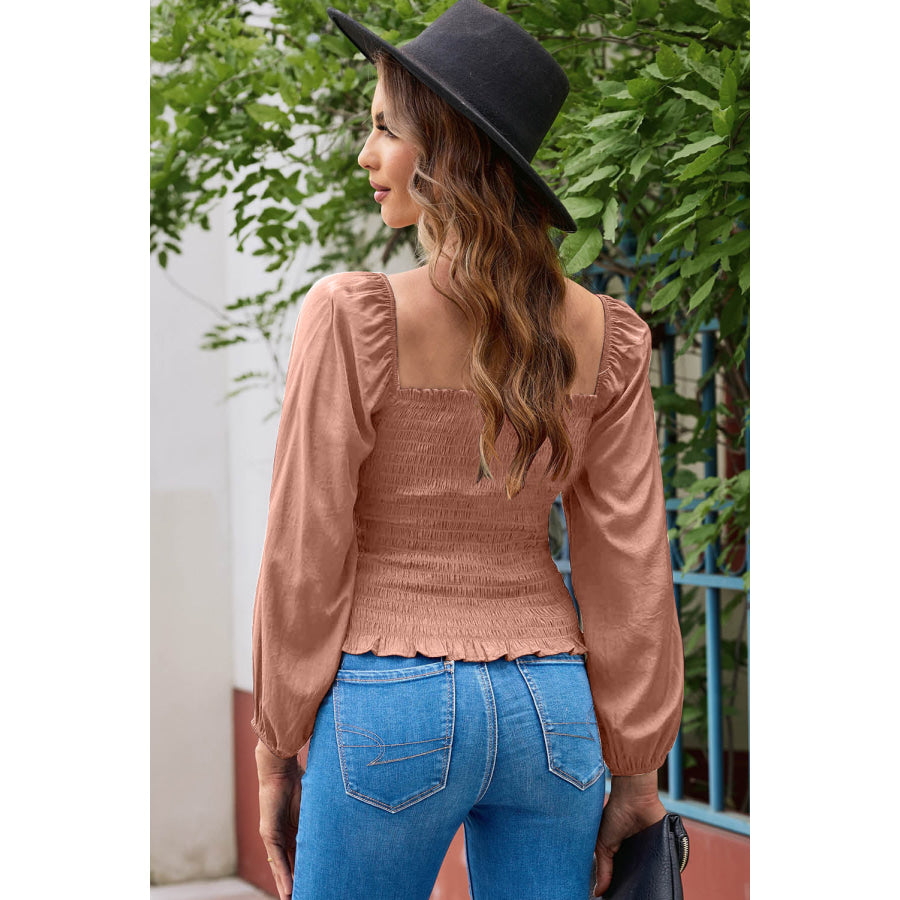 Smocked Square Neck Long Sleeve Blouse Camel / S Apparel and Accessories