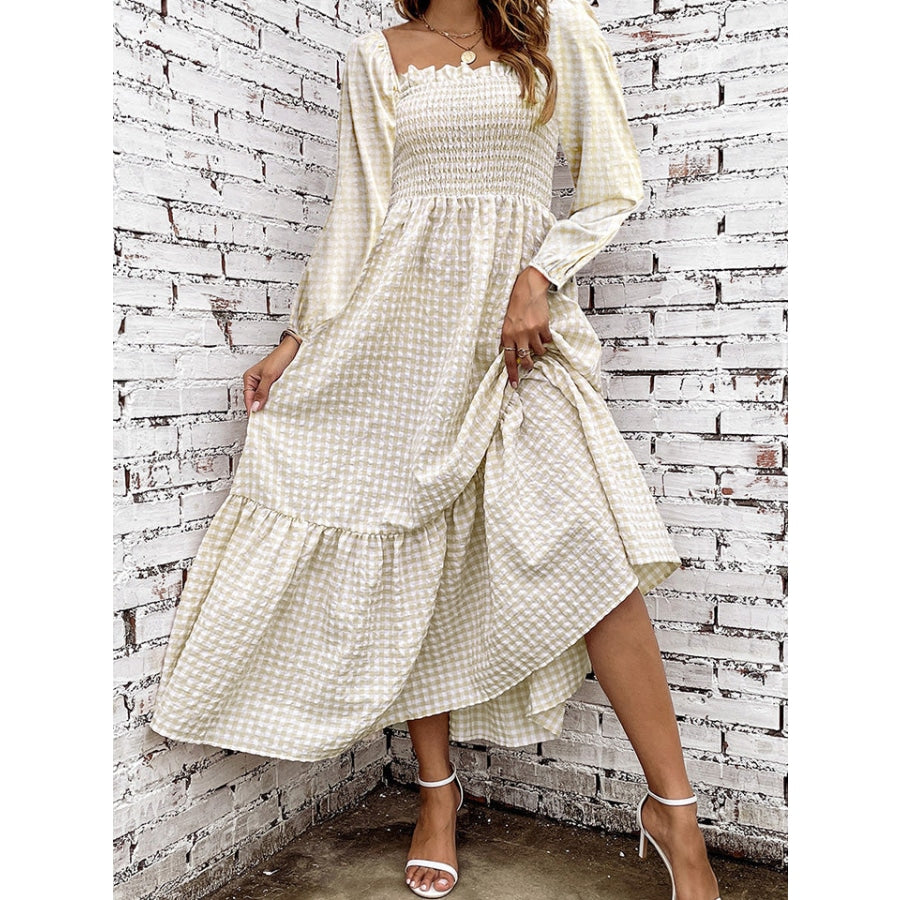 Smocked Square Neck Long Sleeve Dress Sand / S